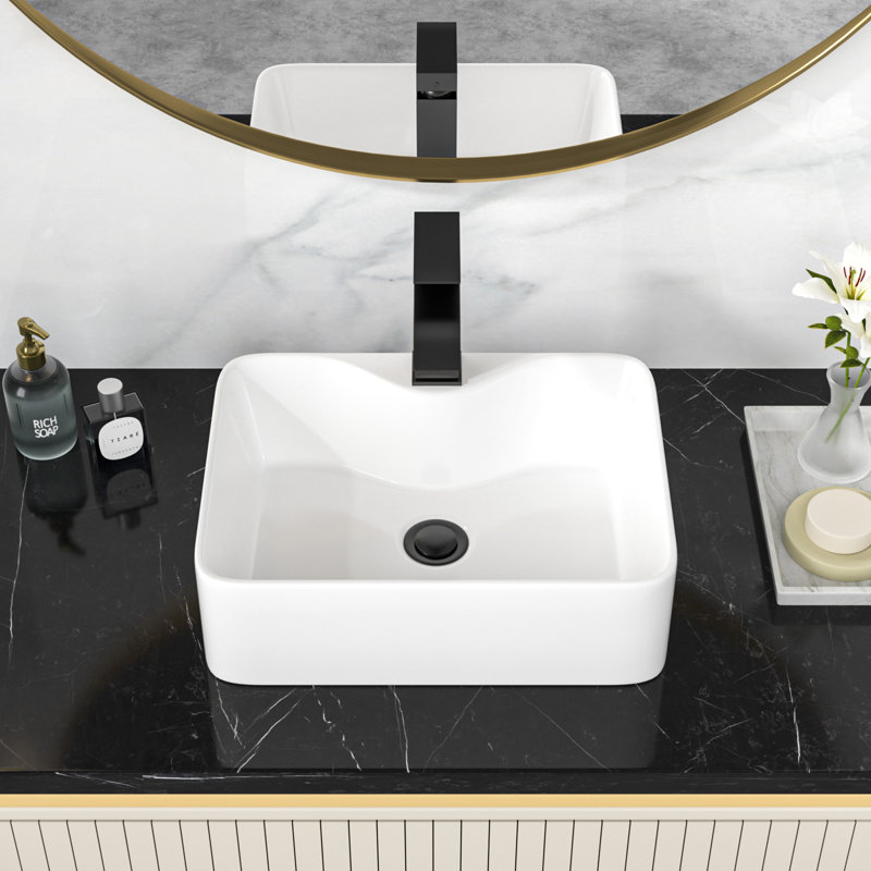 16" L x 12" W Rectangular White Ceramic Vessel Bathroom Sink with Faucet and Pop-Up Drain Combo