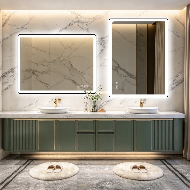  Miroir de salle de bain noir avec cadre noir à DEL rétroéclairé avec antibuée, luminosité réglable, 3 températures de couleur et verre trempé