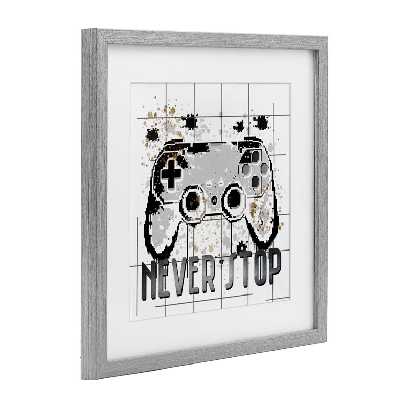 «Never Stop Pixel Gamer», impression sous verre encadrée par Kim Allen, H 16 po x l 16 po, Cadre de ferme gris