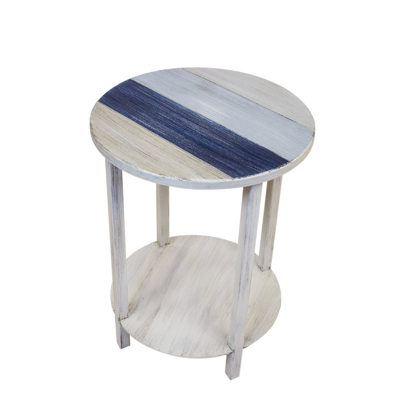 Levi Solid Wood Top End Table, Beige/Navy/Light Blue