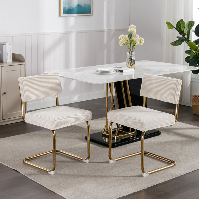 Corabella Modern Dining Chairs with Corduroy Fabric,Gold Metal Base, Accent Armless Kitchen Chairs with Channel Tufting, Side Chairs, Set of 2