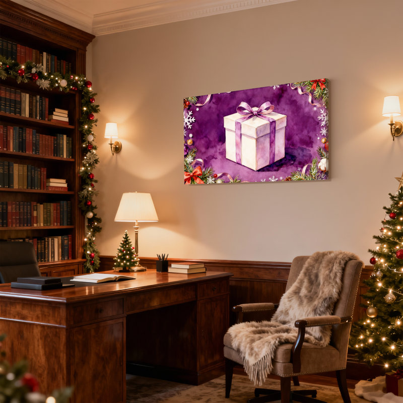 Boîte de cadeau de Noël avec ruban mauve et décorations d'hiver, ensemble de 3 impressions sur toile, H 16 po x l 24 po