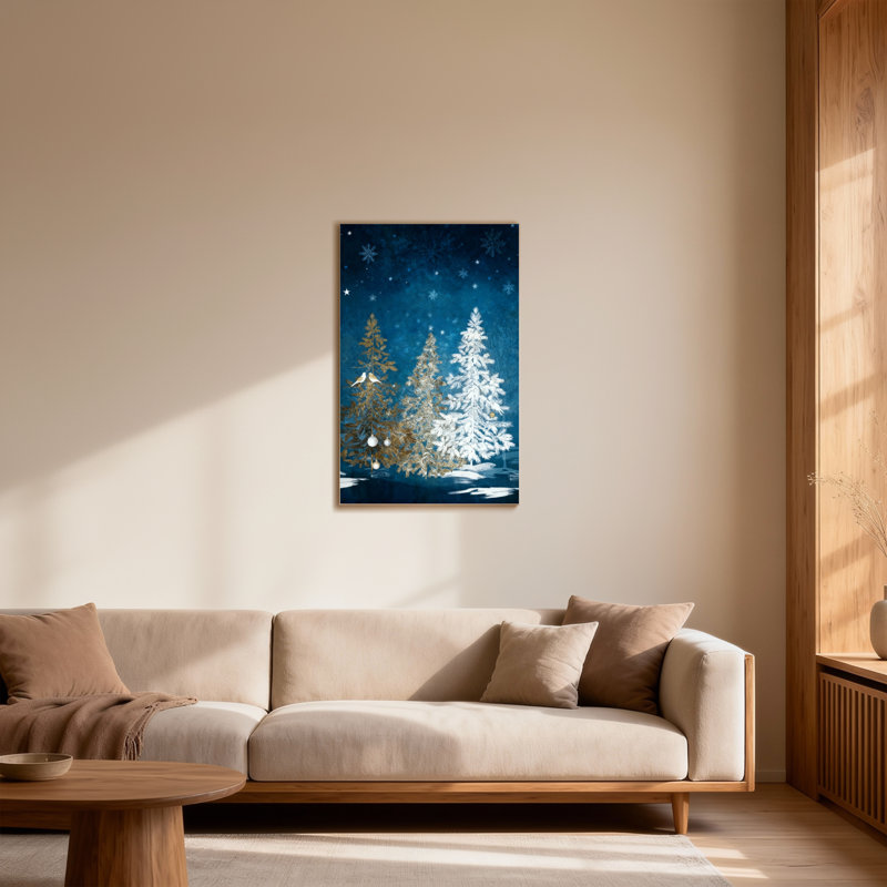 Animaux, arbres d'hiver, flocons de neige, étoiles, oiseaux, ciel nocturne, H 36 po x l 24 po