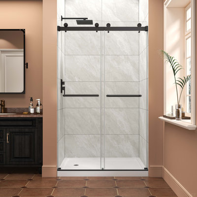 43 po x 48 po x H 76 po noir mat Installation réversible Porte de douche coulissante double Installation facile Porte de douche sans cadre, verre trempé 5/16 po (8MM) avec film antidéflagrant Nano