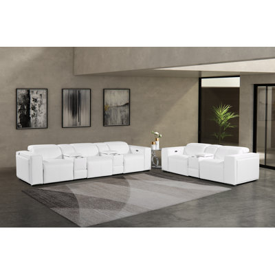 Padua Top Grain Italian Leather Modular Power Reclining Sofa & Console Loveseat Set With Power Adjustable Headrests & Dual Consoles