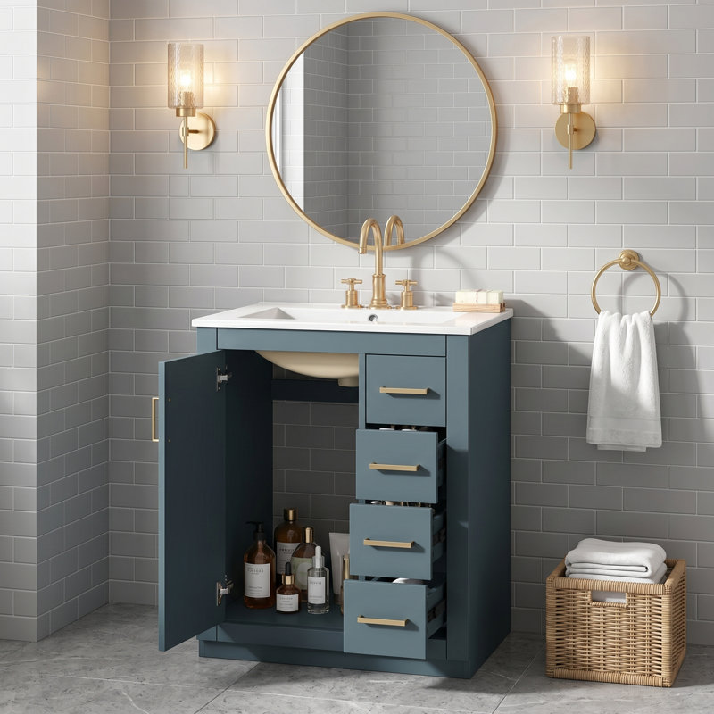 24" Modern Blue Bathroom Vanity with Integrated Sink, Geometric Textured Door, Soft-Close Hardware & Gold Handles, Blue
