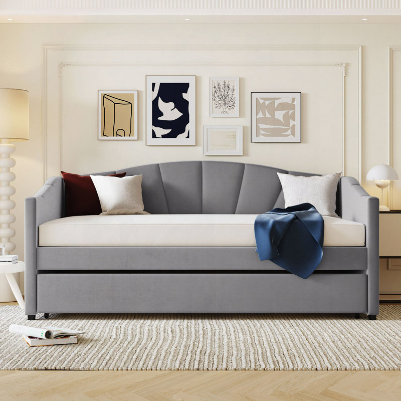 Kacy Upholstered Daybed with Trundle, Sofa Bed, Gray, Twin
