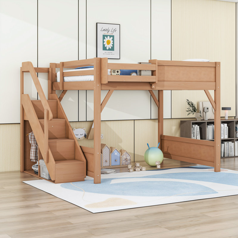 Lit mezzanine avec penderie et tablettes intégrées, Naturel foncé, Lit double