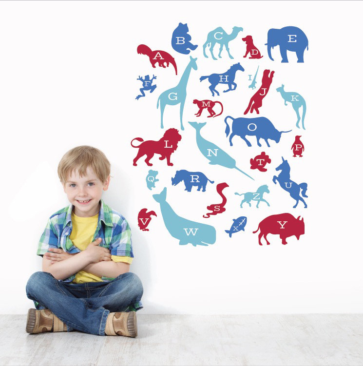 Décalcomanie murale alphabet animaux, H 45 po x l 35 po x P 0,01 po, Rouge / Bleu
