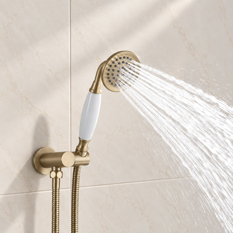 Vintage Shower System Round Rain Shower Head with Handheld Shower Classic Curved Shower Arm, Brushed Gold