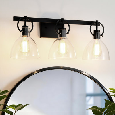 3-Light 25 In. Matte Black Vanity Light With Clear Glass Shades