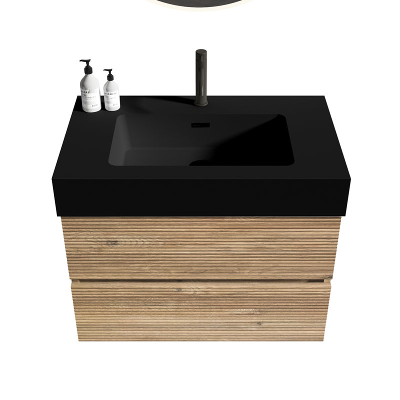 Meuble-lavabo mural 30 po, lavabo en chêne, double tiroir, panneaux de qualité E1, quincaillerie, panneau de grille noir unique