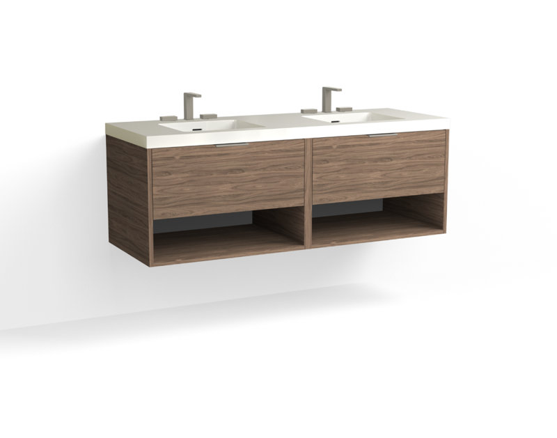 Modo 60" W Wall Mounted Double Bathroom Vanity, Glossy White/8" Widespread, Biondo, Satin Nickel