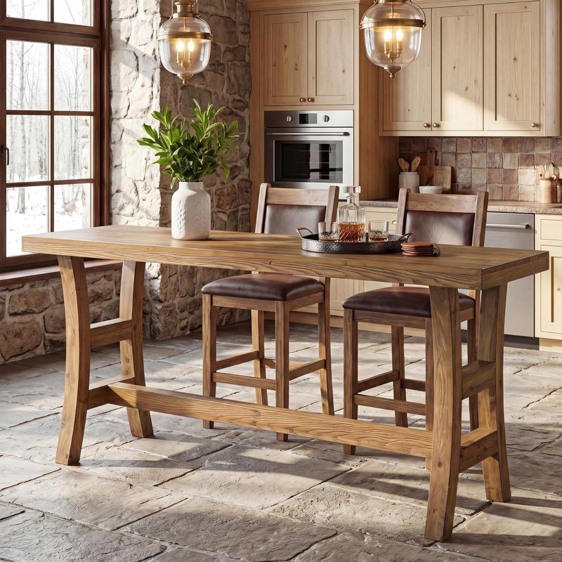 63" Solid Wood Farmhouse Pub Table – Rectangular High Top Bar Table With Footrest, Retro Brown  