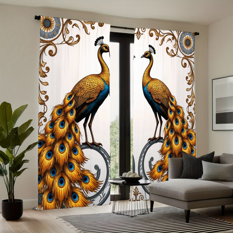 2Pcs Peacock Curtains, Gold Feathers Pattern, Light Filtering, Elegant Style, Versatile for Living Room Bedroom Dining Window Decor