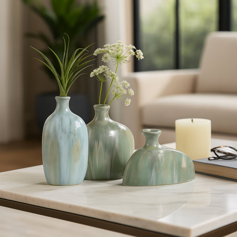 Modern Ceramic Table Vase For Home Decor - Decorative Tall Flower Vase Accent For Consoles, And Entryway Styling - Set Of 3, 9", 7", Ivory & Blue