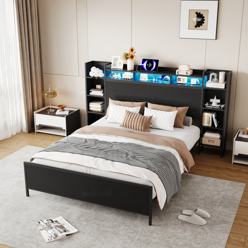 Cadre de lit simple avec station de charge USB, tête de lit avec rangement et base de lit plateforme en métal robuste à lumière DEL, sans sommier tapissier, noir