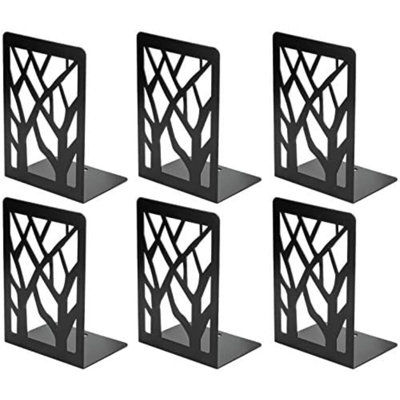 Book Ends Tree Design Modern Bookends For Shelves, Non-Skid Bookend, Heavy Duty Metal Book Stopper For Books/Cds, Decorative Books Shelf For Home,7 X 4.7 X 3.5”, Black (3 Pair/6 Pieces, Large)