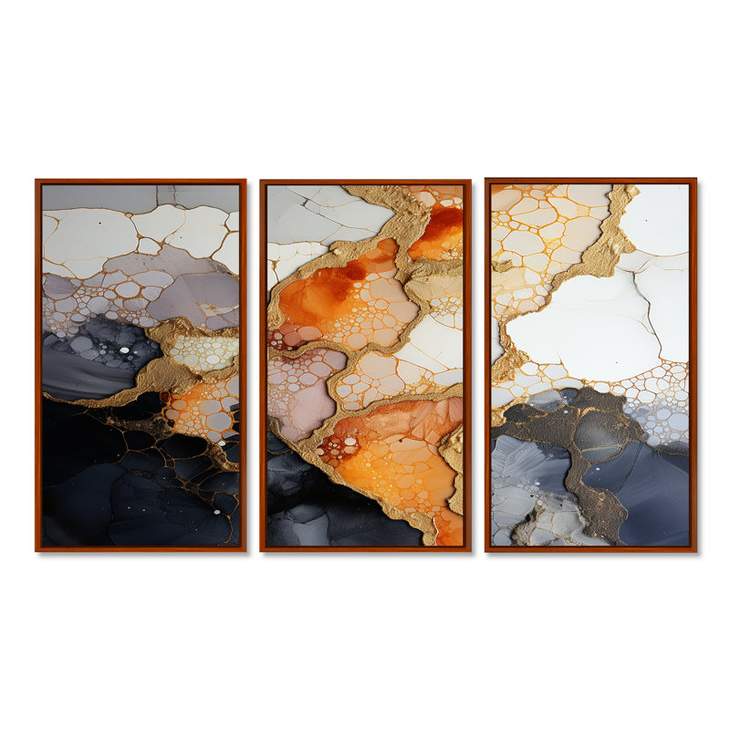 «Slab Structures» - ensemble d'art mural en marbre orange, blanc et noir, H 28 po x l 36 po x P 1 po, Cadre flottant brun
