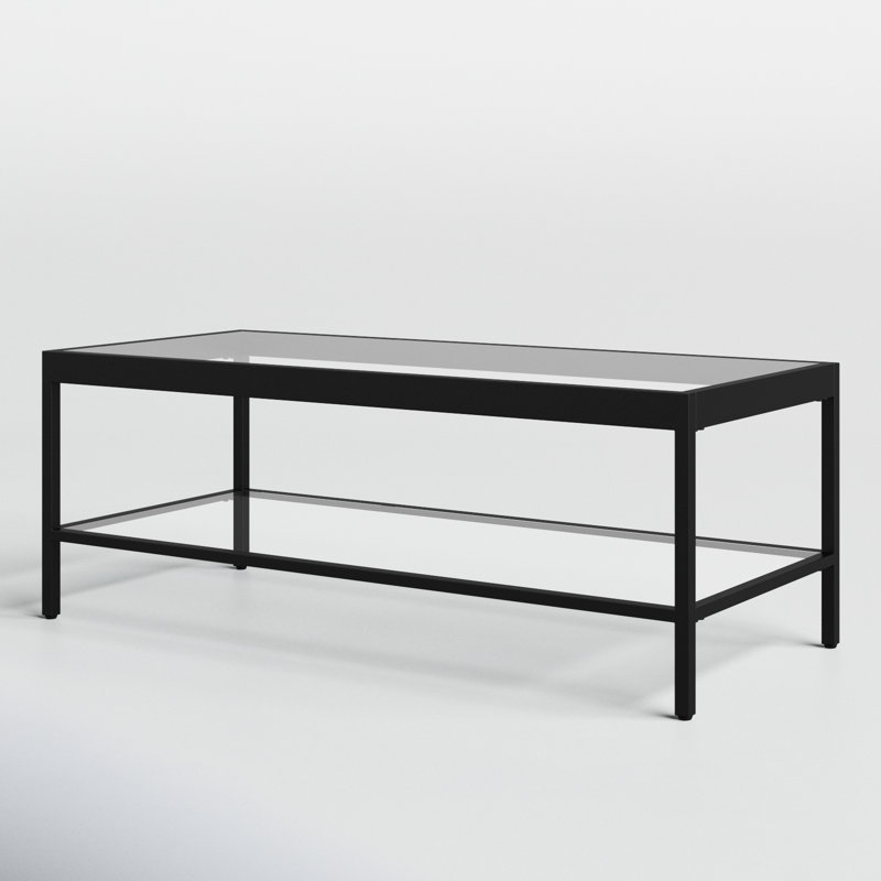 45" Wide Glass Top Coffee Table with Open Lower Shelf — Blackened Bronze Modern Metal Center Table for Living Room | Cleo