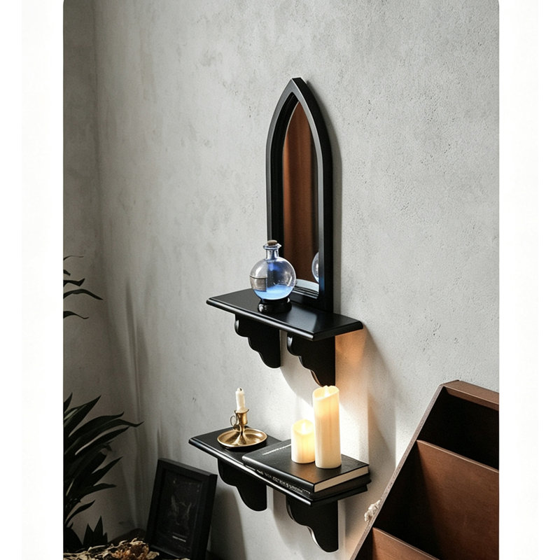 Miroir d'appoint mural gothique noir avec tablette flottante intégrée