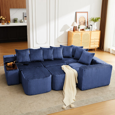 [Nouveauté] [Vidéo fournie] Canapé en U de 137,5 po, charge USB et sans fil, table basse avec porte-gobelet, canapé modulaire surdimensionné mobile, repose-pieds mobile, sans siège, 6 sièges, velours côtelé