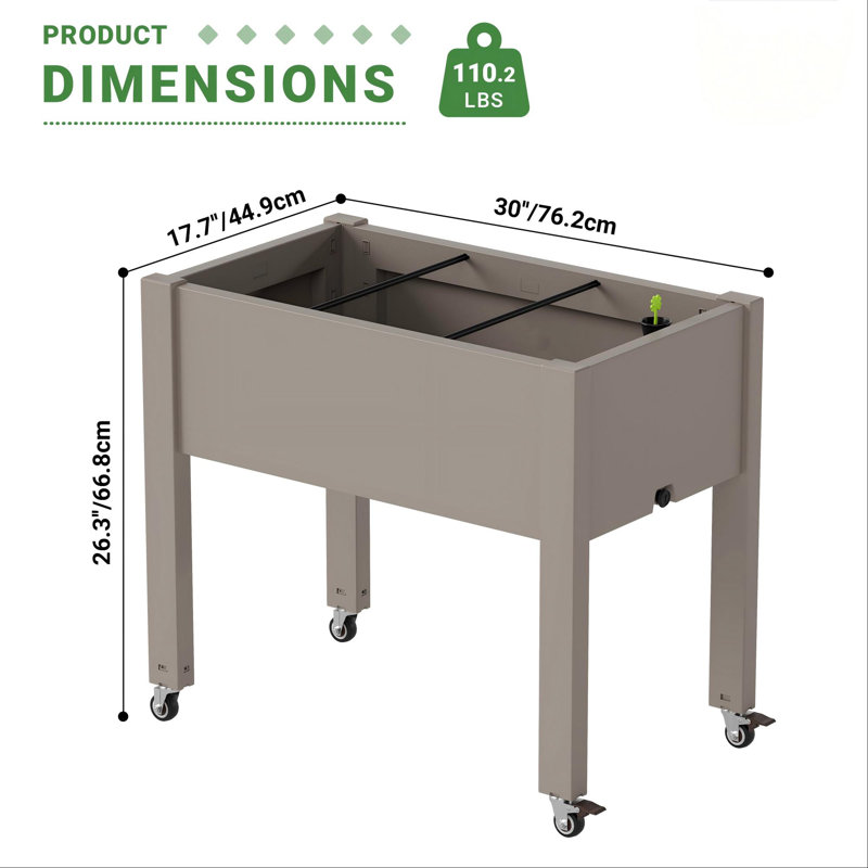 Jardinière surélevée avec roues: résine résistante aux intempéries et drainage intégré, Gris