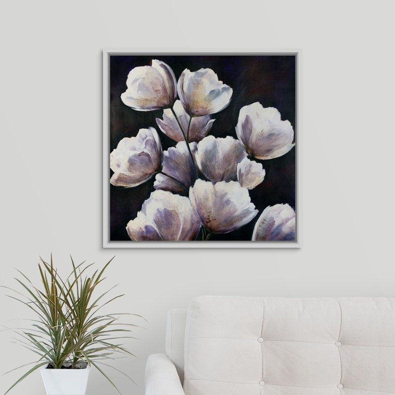 «Wine and Roses», peinture sur toile, H 25,7 po x l 25,7 po x p 1,75 po, Cadre flottant blanc