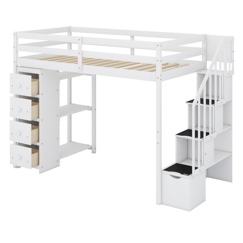 Lit mezzanine en bois avec tiroirs de rangement et escaliers, tablettes, Blanc
