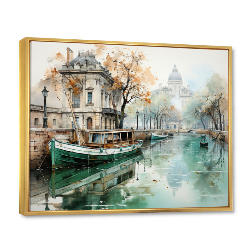 Paris Canal Saintmartin Reflections I - Cityscapes Canvas Wall Art, Cadre flottant doré, H 34 po x l 44 po x P 1,5 po