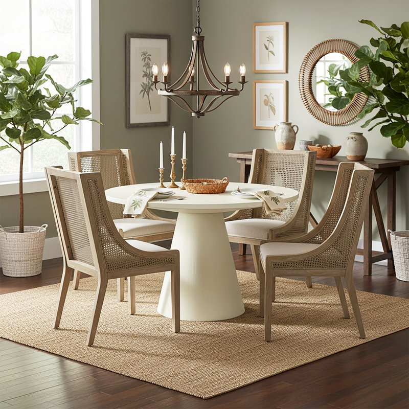 Ensemble de salle à manger moderne Mid-Century, Beige, Blanc crémeux