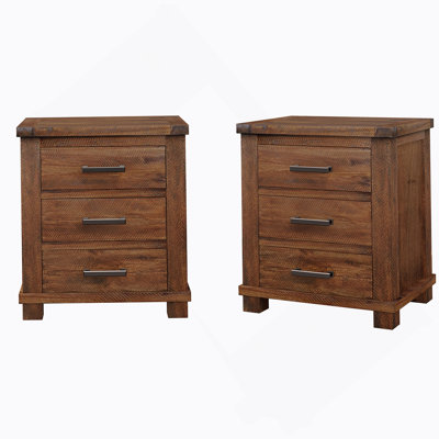Rustic Three Drawer Reclaimed Solid Wood Farmhouse Nightstand Set Of Two, Perfect For Adding Vintage Charm To Your Bedroom Decor.