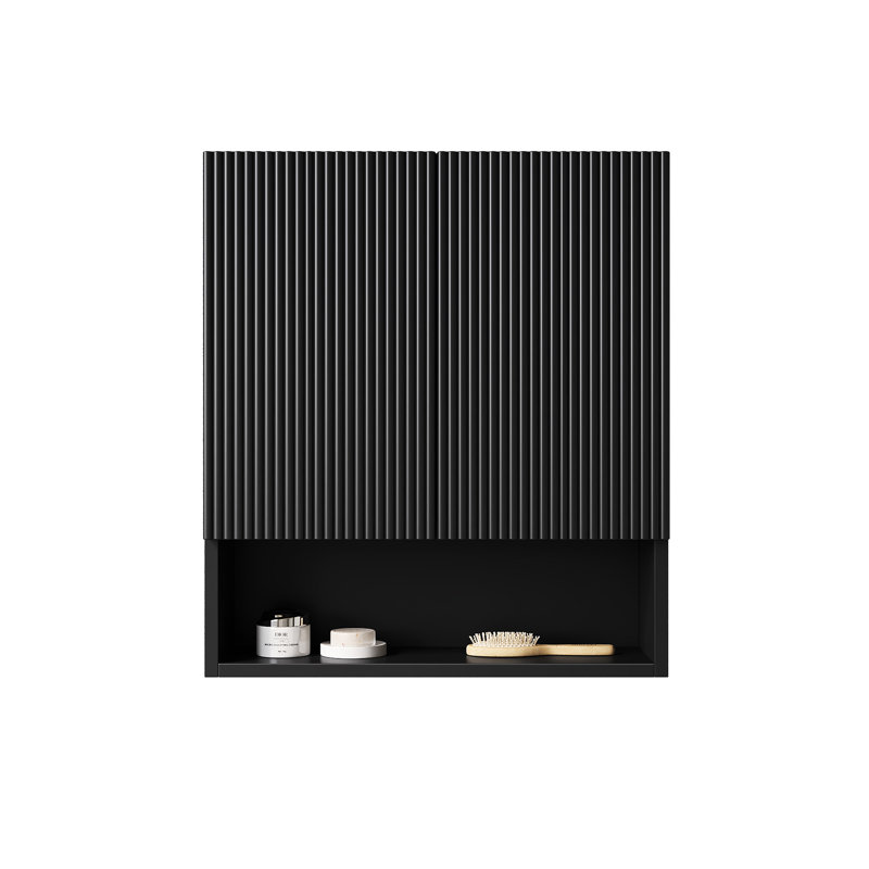 Armoire de salle de bain rayée de 26 po avec portes, tablette et rangement noir au-dessus de la toilette pour différentes utilisations