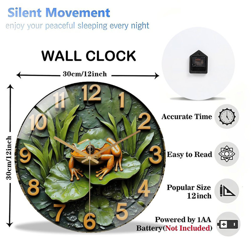 Frog Wall Clock with Green Leaves Decor Art - 12'' Modern Glass Wall Clock