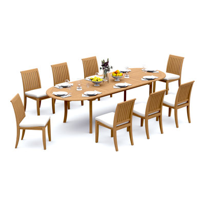 9 Pcs Grade-A Teak Wood Dining Set: 118" Double Extension Oval Table  Lagos Armless Chairs #11LG2600