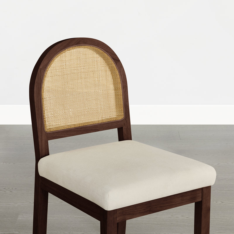 Chaise d'appoint de style campagnard avec dossier en rotin tressé naturel et pieds en bois massif, Noyer