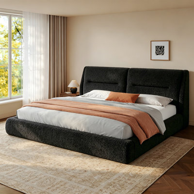 Cloud Soft Bed with Thick 10.63 Inch Headboard,Boucle Upholstered Platform Bed Frame,Easy Assembly Slat Support Bed Base for Bedroom