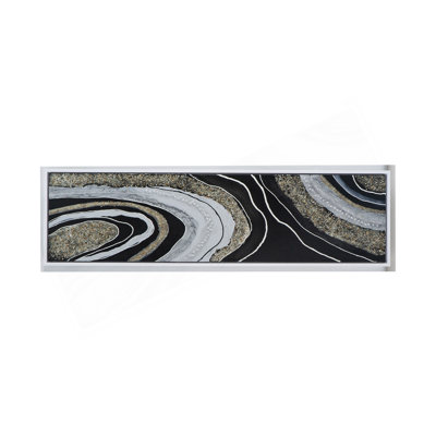 70,9 x 19,7 x 1,5 po, paysage rectangulaire allongé, peinture à l'huile encadrée, brune et noire avec pierres argentées