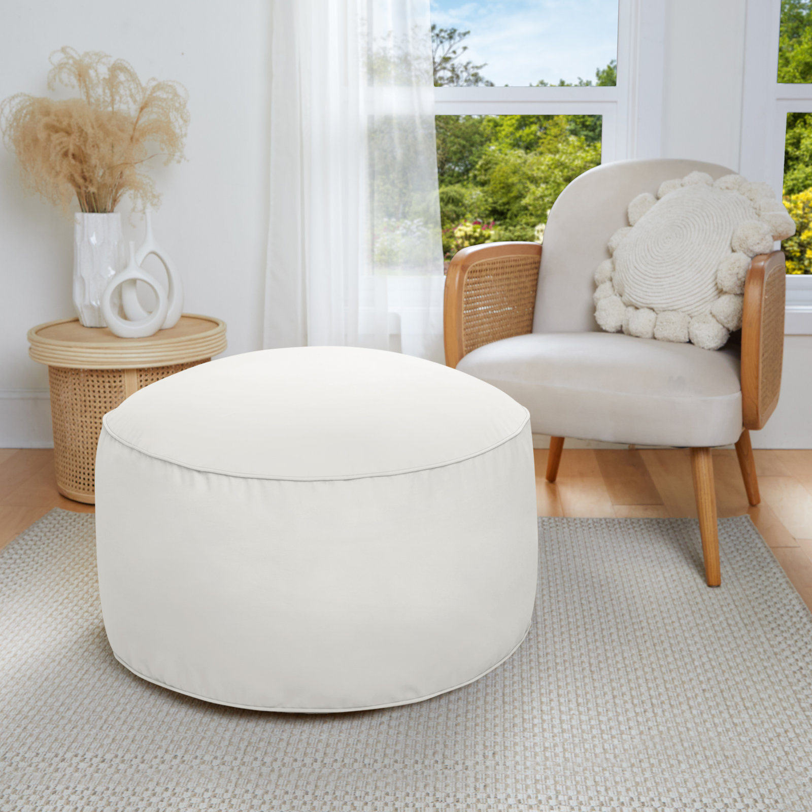 Demi Round Upholstered Outdoor Ottoman with Sunbrella® Cushion, Canvas Natural Sunbrella® Canvas