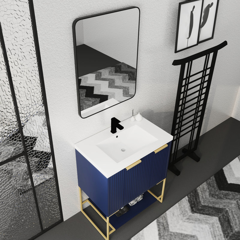 Meuble-lavabo autoportant de 30 pouces pour salle de bain - Lavabo d'appoint moderne en résine et contreplaqué bleu marine