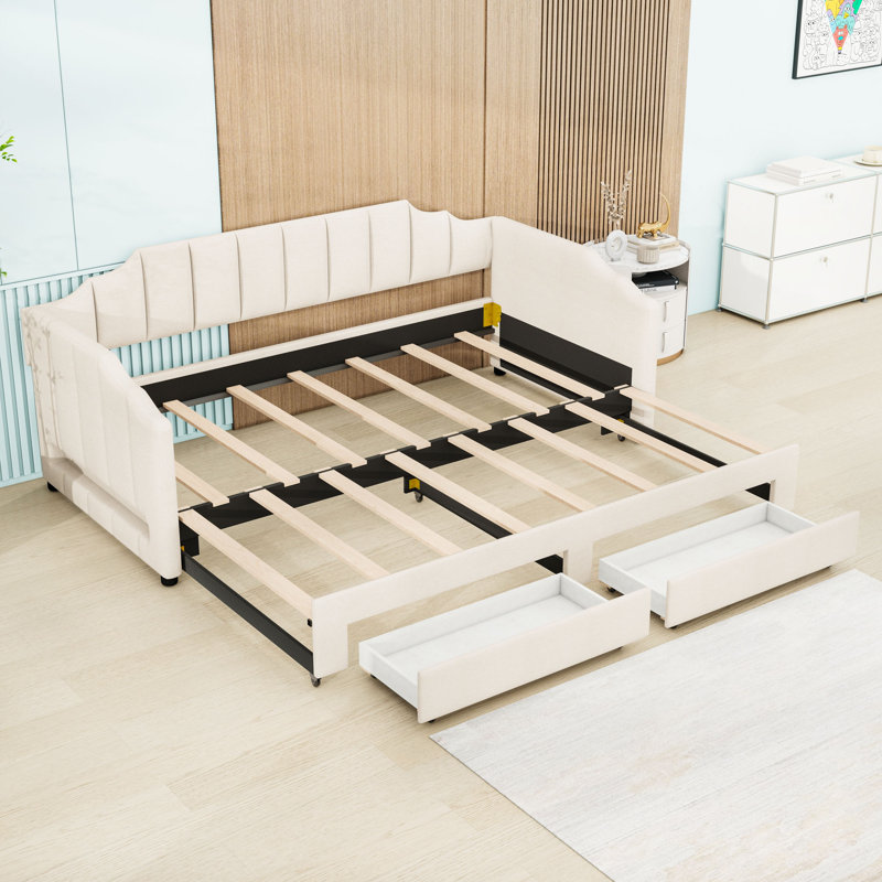 Twin XL Linen Extendable Upholstered Daybed with LED Lighting and Storage Drawers, Beige