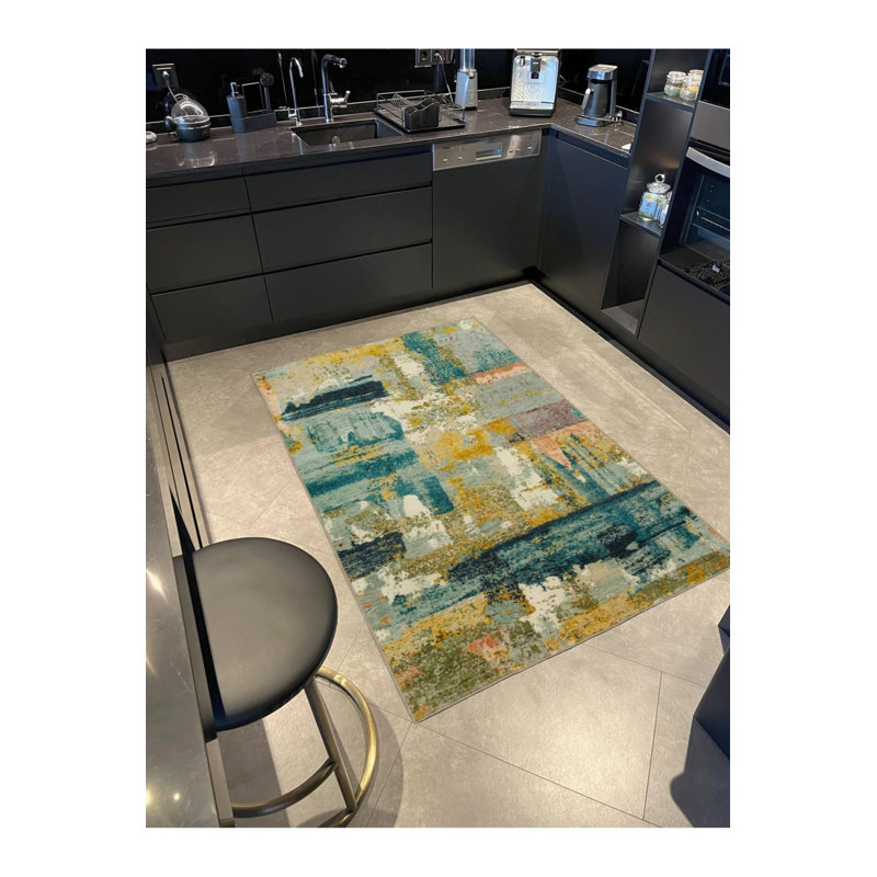 Yellow And Blue Pastel Painted Decorative Washable Carpet, Runner 3'4" x 9'11"