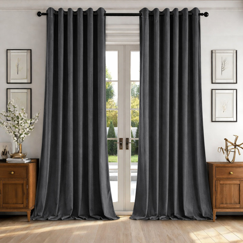 Alsey 100% Velvet Blackout Eyelet Ready Made Curtains & Drapes with matching Tie Backs, (228 Width X 228 Height) cm, Charcoal