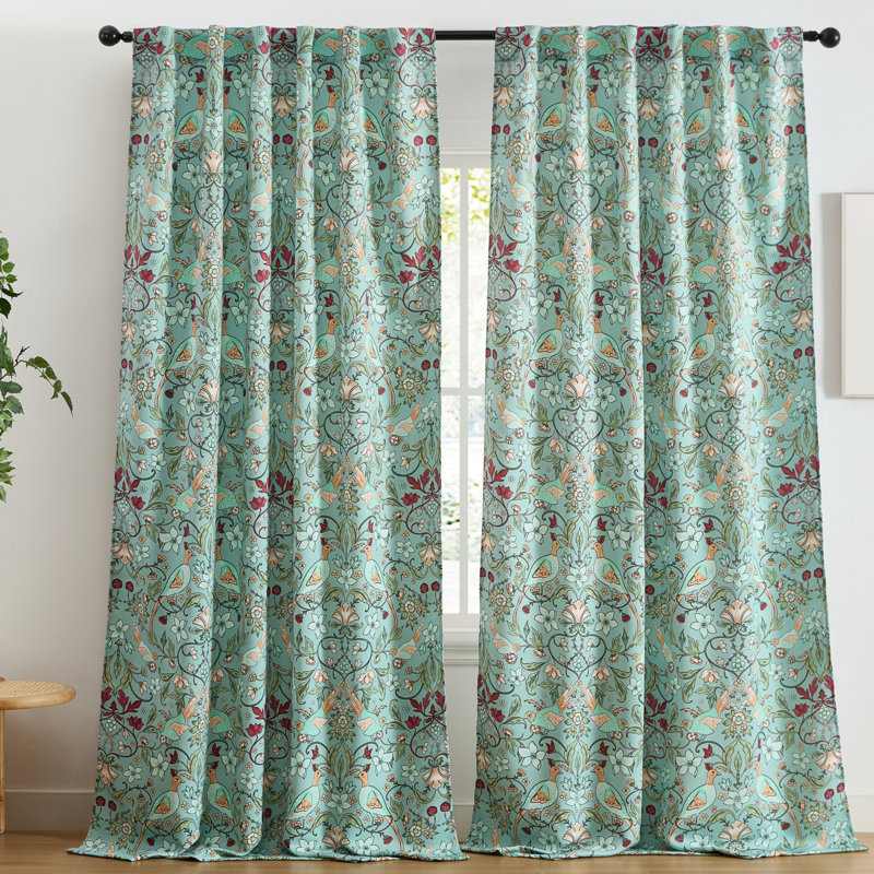 HLC.ME Florence Floral & Birds Patterned Window Back Tab Rod Pocket Curtains Bedroom - Light Blocking Darkening Window Panels, Set of 2 (Aqua Blue, 52 W x 108 L)