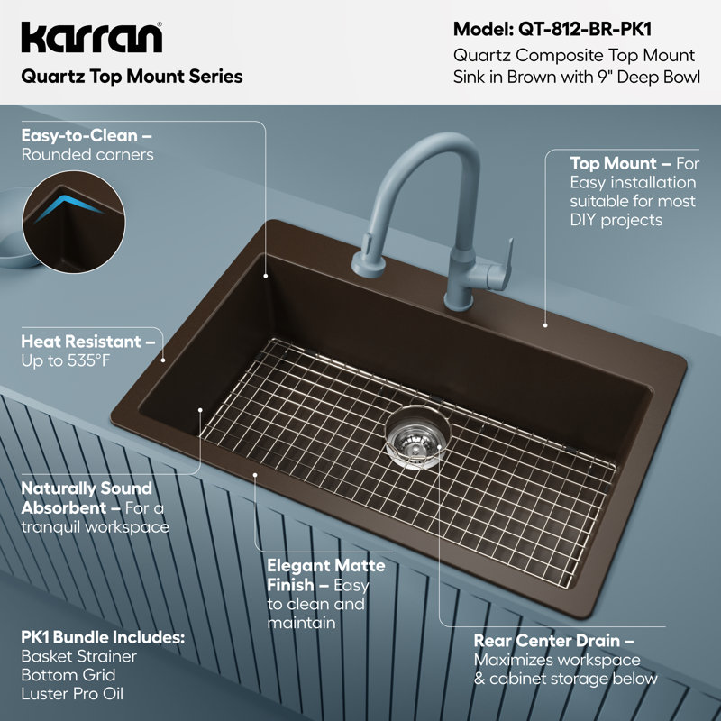 Karran Quartz 33'' X 22'' Large Single Bowl Drop-in Kitchen Sink With Bottom Grid and Strainer, Brown