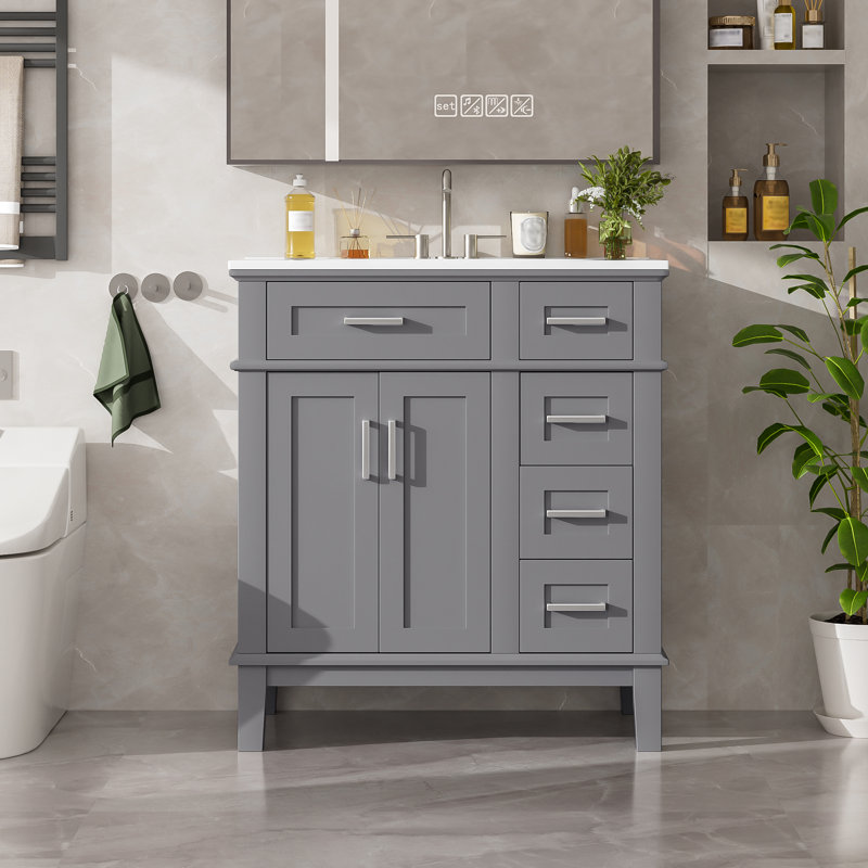 30" Single Bathroom Vanity With Ceramic Top, Gray, Silver