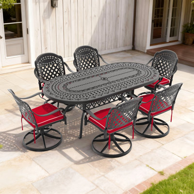 7-Piece All-Weather Cast Aluminum Dining Set, Include 6 Swivel Chairs And Oval Table