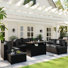 Caradog Wicker 6 - Person Patio Conversation Sets with Cushions, Coffee Table and 44" Fire Pit Table