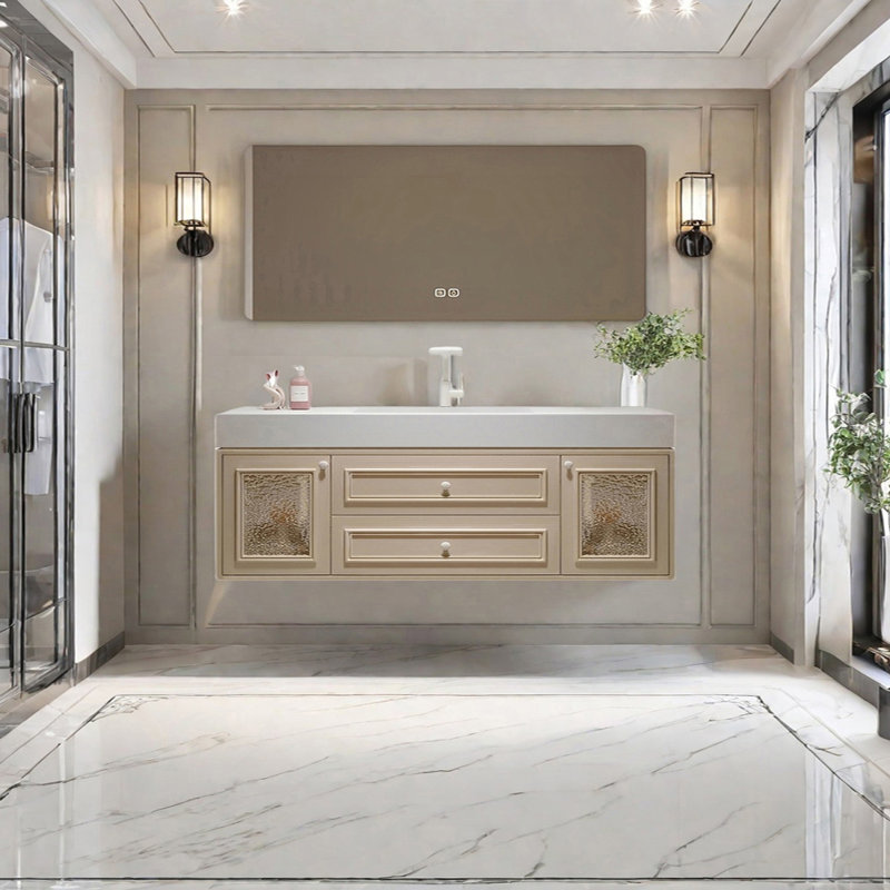 French cream style smart bathroom cabinet, Light Brown, 19.68" H x 62.99" W x 21.65" D
