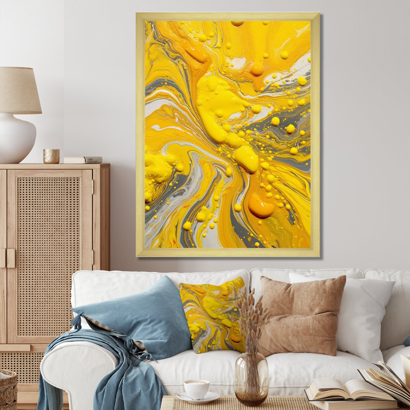Impression sur toile jaune et grise cosmique I, Cadre doré à une seule photo, H 32 po x l 24 po x P 1 po